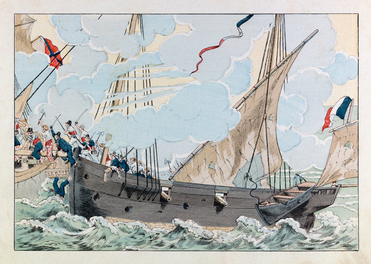 Jacques Marie Gaston Onfray de Brevillen TYÖSSÄ (1858 - 1931); Kuvitus kirjasta "" Les epees de France"": Robert Surcouf (1773-1827) aluksellaan "" La Coquette "" hyökkää englantilaisen laivan "" Queen Mary "" kimppuun; Coll, osa tekijältä pseudonym for Onfray de Breville Jacques Job
