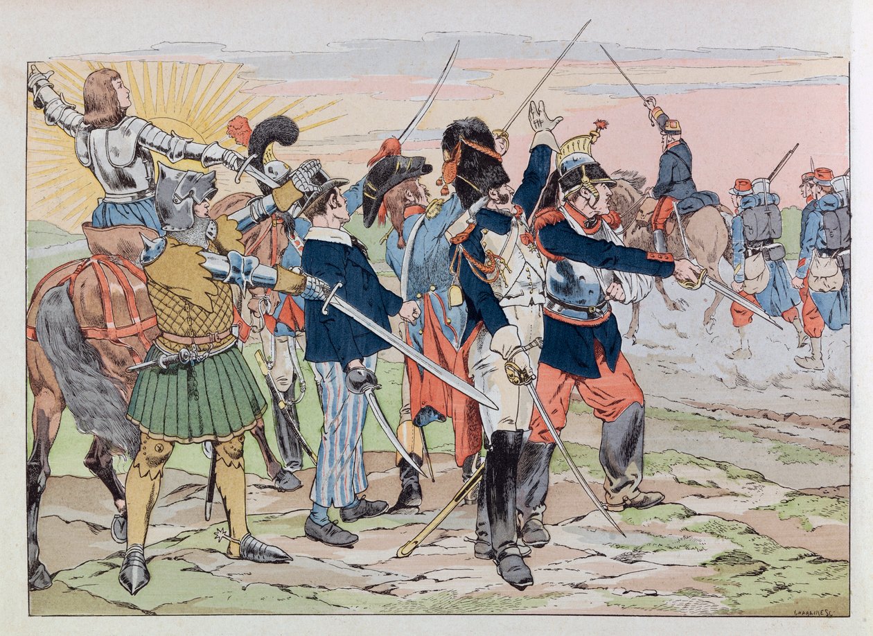 Jacques Marie Gaston Onfray de Breville nimeltä JOB (1858 - 1931); Kuvitus kirjasta "Les epees de France": Allegoria Ranskan loistosta vuoden 1914 karvaisille ihmisille; Kerää, jaa tekijältä pseudonym for Onfray de Breville Jacques Job