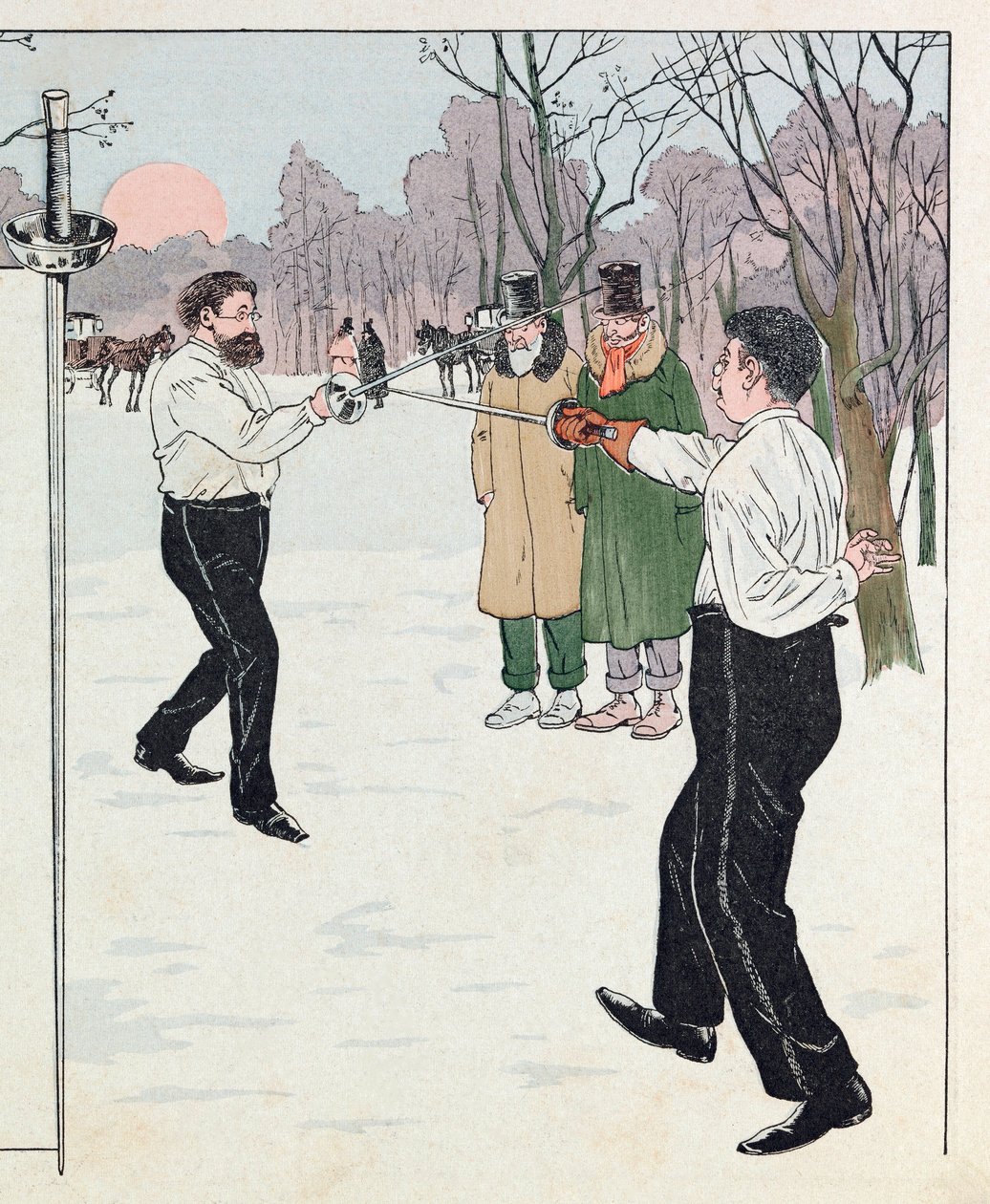 Jacques Marie Gaston Onfray de Breville nimeltä JOB (1858 - 1931); Kuvitus kirjasta "Les epees de France": Kaksintaistelu vuonna 1894; Kerää, jaa tekijältä pseudonym for Onfray de Breville Jacques Job
