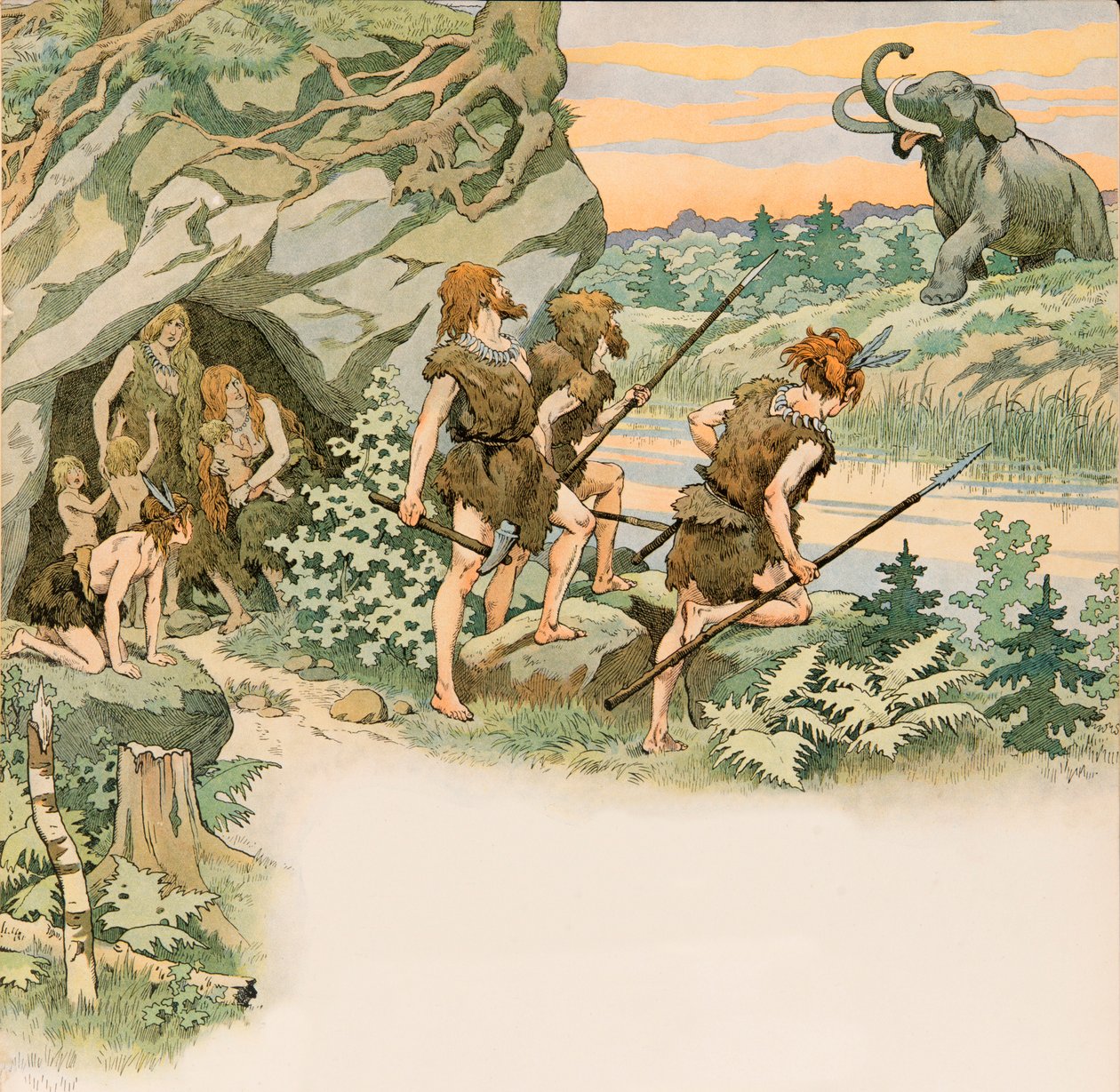 Jacques Marie Gaston Onfroy de Breville dit JOB (1858-1931) - Esihistorian aikana luolamiehet suojelivat perheitään mammutin hyökkäykseltä, Private Collection tekijältä pseudonym for Onfray de Breville Jacques Job