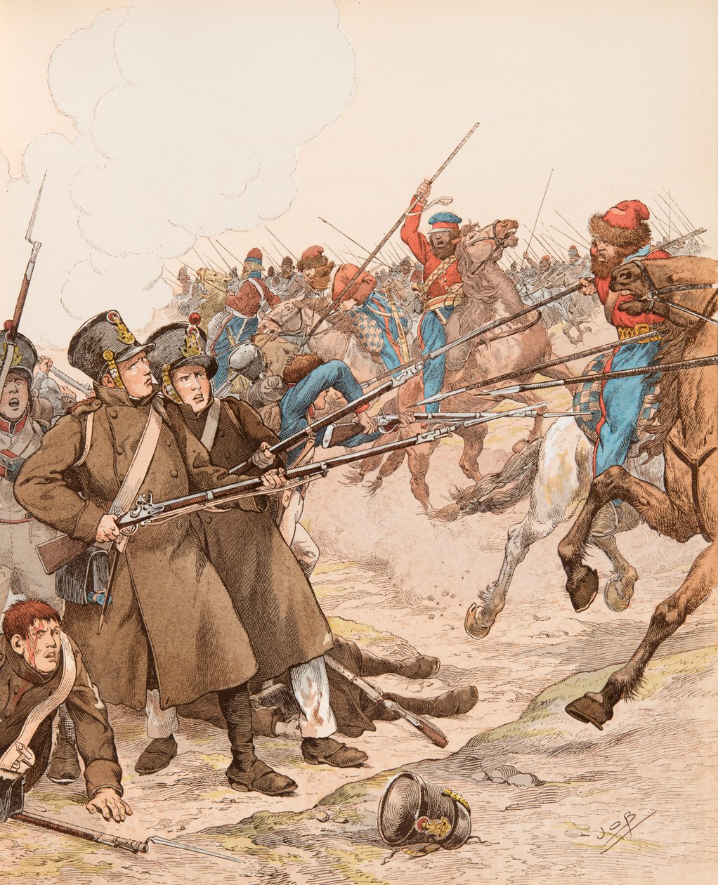 Jacques Marie Gaston Onfroy de Breville dit JOB (1858-1931) - Ranskan armeija Napoleonin kampanjoiden aikana, lempinimeltään Marie Louise vuonna 1815 taistellen kasakkoja vastaan, yksityinen kokoelma tekijältä pseudonym for Onfray de Breville Jacques Job