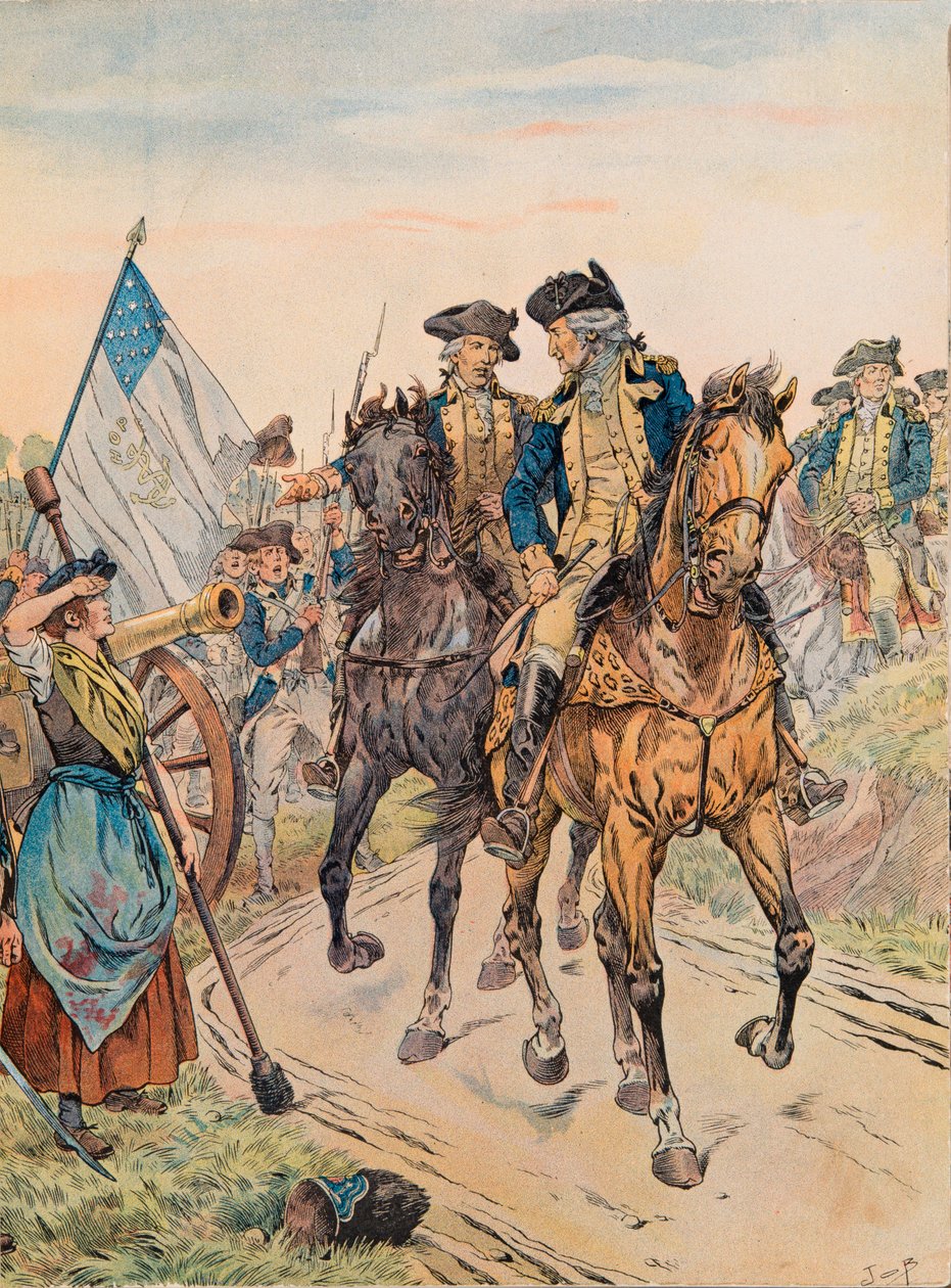 Jacques Marie Gaston Onfroy de Breville dit JOB (1858-1931) - George Washington ohitti Molly Pitcherin Monmouthin taistelussa 28. kesäkuuta 1778 vapaussodan aikana, yksityinen kokoelma tekijältä pseudonym for Onfray de Breville Jacques Job