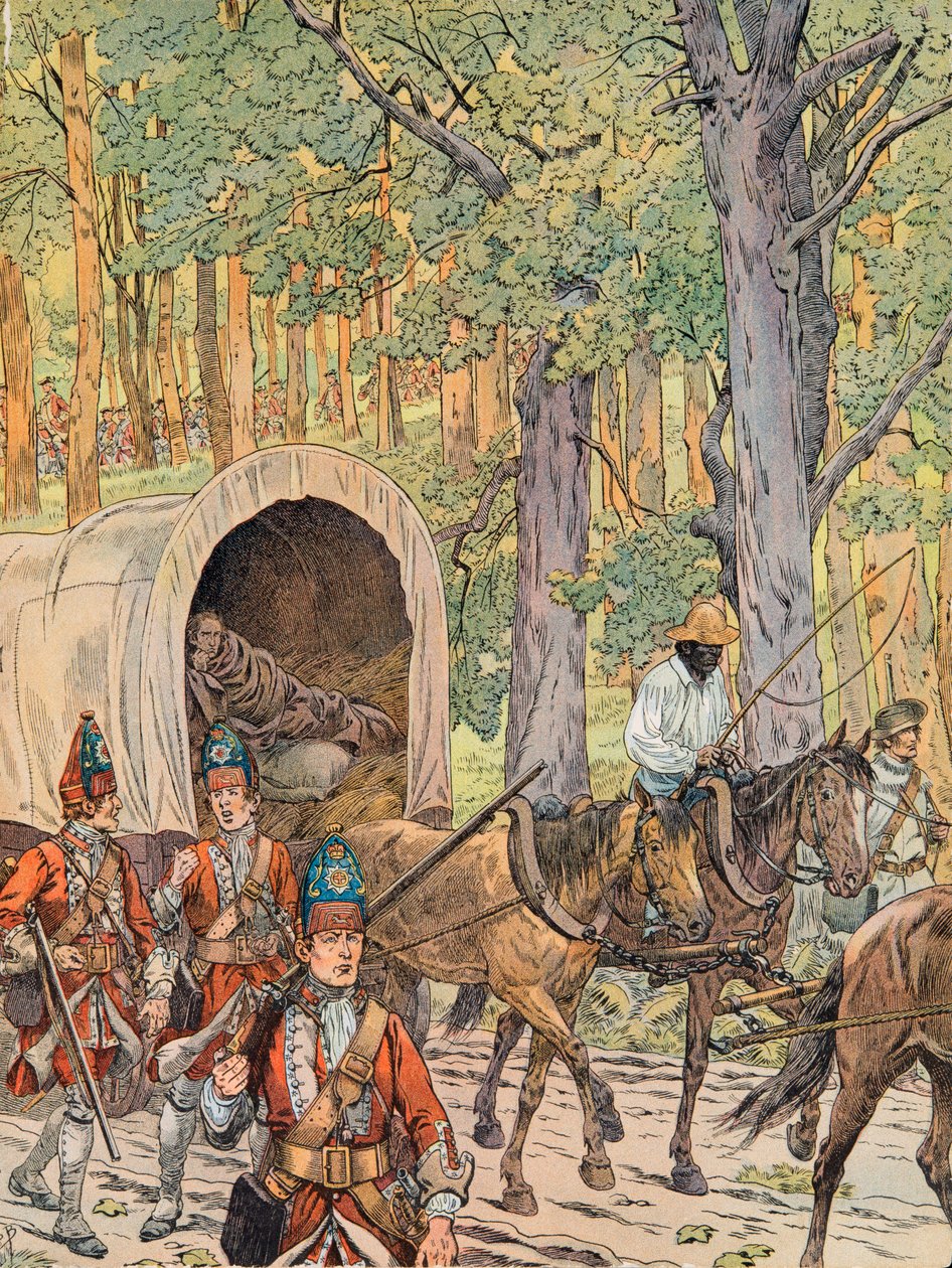 Jacques Marie Gaston Onfroy de Breville dit JOB (1858-1931) - George Washington kenraali Edward Braddockin (n. 1695-1755) armeijan kanssa, hän oli sitten kenraalin apulainen (1755), yksityinen kokoelma tekijältä pseudonym for Onfray de Breville Jacques Job