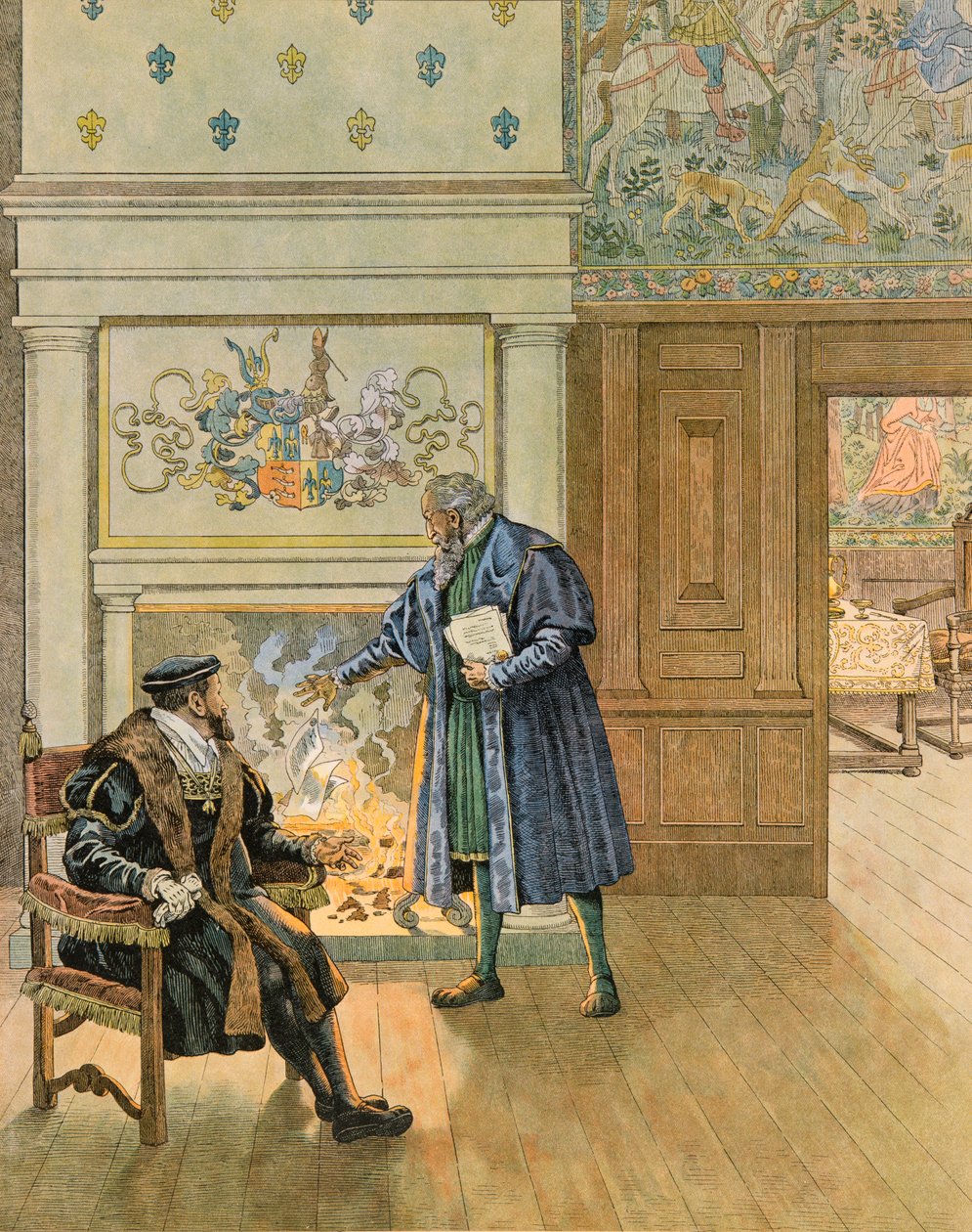 Jacques Marie Gaston Onfroy de Breville dit JOB (1858-1931) - Belgian historia: Keisari Kaarle V (1500 - 1558) vierailee Antwerpenin kaupungin suurten kauppiaiden ja rahoittajien luona, Yksityiskokoelma tekijältä pseudonym for Onfray de Breville Jacques Job