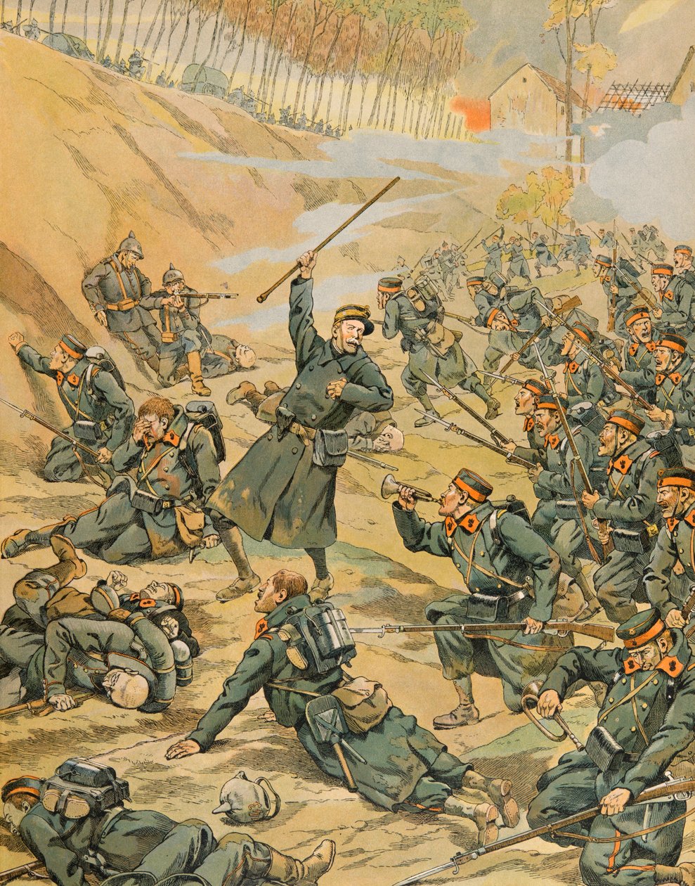 Jacques Marie Gaston Onfroy de Breville dit JOB (1858-1931) - Belgian historia: Schoorbakke Tervaete -silmukan puolustaminen jalkaväen toimesta Yserin taistelun aikana vuonna 1914, yksityinen kokoelma tekijältä pseudonym for Onfray de Breville Jacques Job