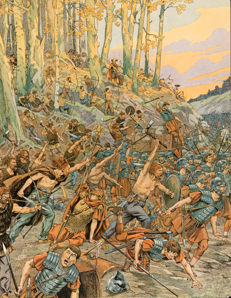 Jacques Marie Gaston Onfroy de Breville dit JOB (1858-1931) - Belgian historia: Aduatucan taistelu Vallee du Geerissä vuonna 54 eKr., Eburonit (belgialaiset) murhasivat roomalaiset Caesarin legioonat Gallian sodan aikana, Yksityinen kokoelma tekijältä pseudonym for Onfray de Breville Jacques Job