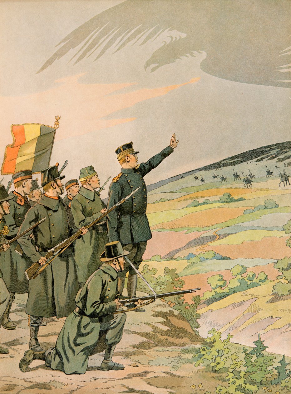 Jacques Marie Gaston Onfroy de Breville dit JOB (1858-1931) - Belgian historia: kuningas Albert (1875 - 1934) ja Belgian armeija kohtaavat Saksan hyökkäyksen ensimmäisen maailmansodan aikana, Yksityinen kokoelma tekijältä pseudonym for Onfray de Breville Jacques Job