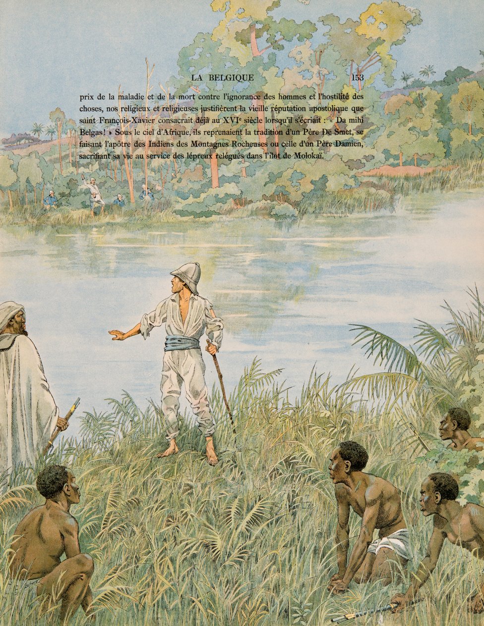 Jacques Marie Gaston Onfroy de Breville töissä (1858-1931) - Belgian historia: kersantti Henri de Bruyne (1868-1892) ja luutnantti Joseph Lippens (kuoli 1892) La Lomamin rannalla Kongossa vuonna 1889, yksityinen kokoelma tekijältä pseudonym for Onfray de Breville Jacques Job