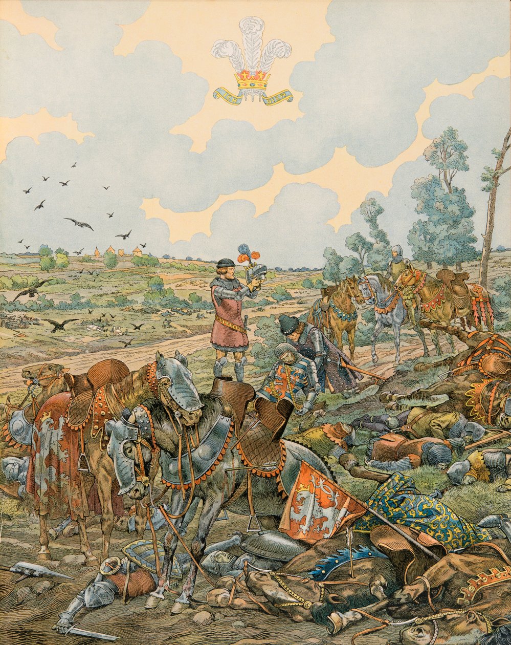Jacques Marie Gaston Onfroy de Breville dit JOB (1858-1931) - Belgian historia: John 1, Luxemburgin kreivi dit l Blind (1296 - 1346) kaatuu Crecyn taistelussa 26. elokuuta 1346, yksityinen kokoelma tekijältä pseudonym for Onfray de Breville Jacques Job