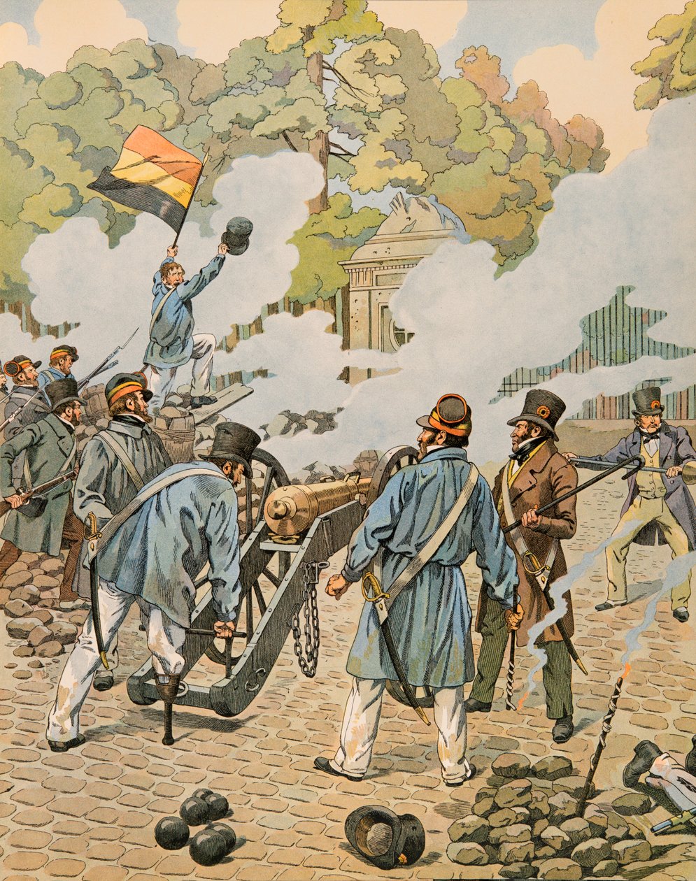 Jacques Marie Gaston Onfroy de Breville dit JOB (1858-1931) - Belgian historia: Jean Joseph Charlier (1794 - 1866) sanoo, että puujalka osoittaa tykistönsä Brysselin puistoon syyskuussa 1830 kokoontuneita hollantilaisia joukkoja vastaan, yksityinen Col tekijältä pseudonym for Onfray de Breville Jacques Job