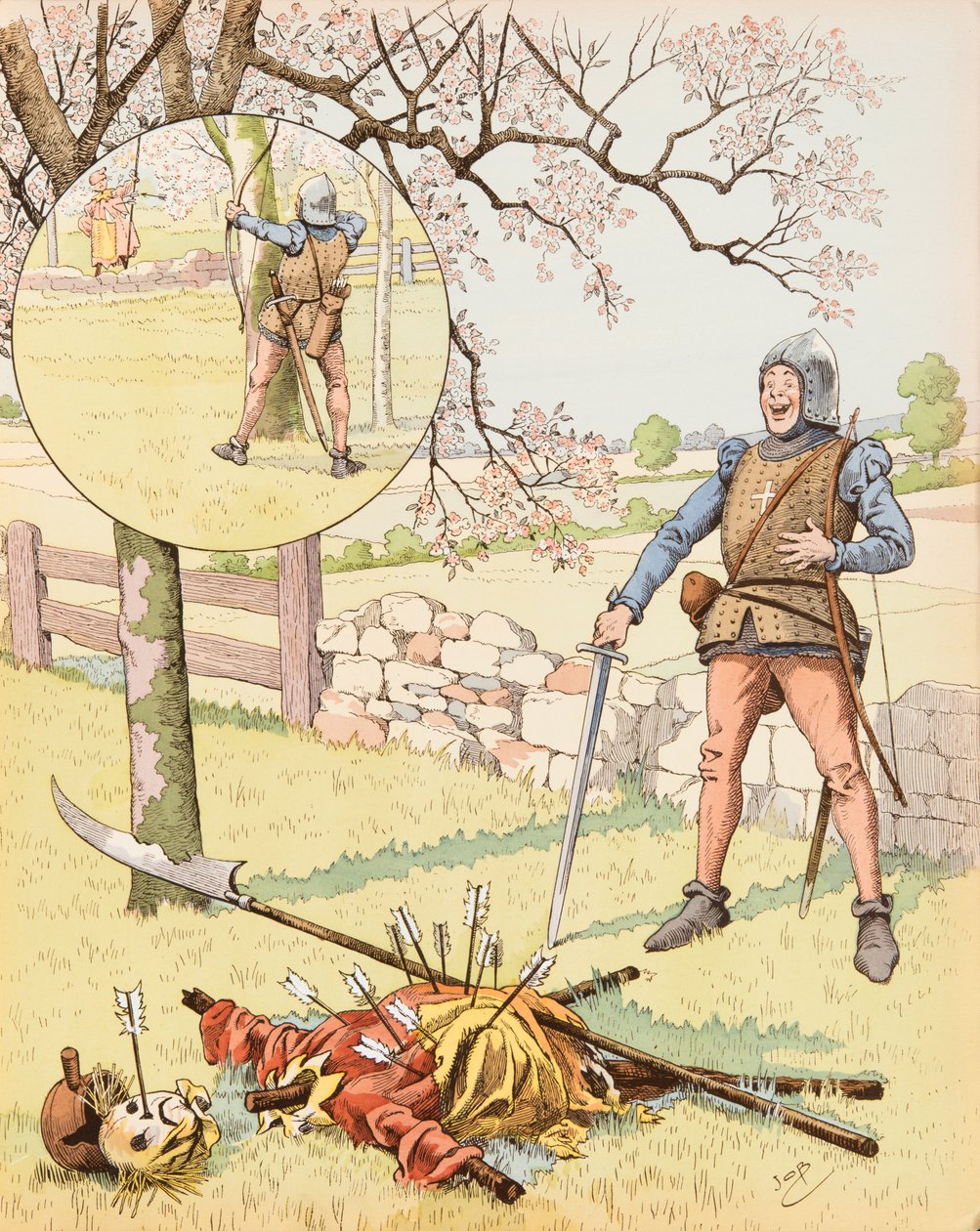 Jacques Marie Gaston Onfroy de Breville dit JOB (1858-1931) - Le Franc Archer de Bagnolet (1400-luvun sarjakuva, jossa mukana fanfaron-sotilas), yksityinen kokoelma tekijältä pseudonym for Onfray de Breville Jacques Job