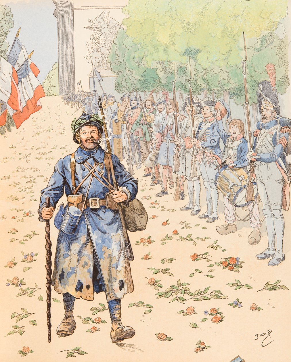 Jacques Marie Gaston Onfroy de Breville dit JOB (1858-1931) - Le triumphe du poilu (allegoria Ranskan armeijan kunnioittamisesta karvaisille), Collection privee tekijältä pseudonym for Onfray de Breville Jacques Job