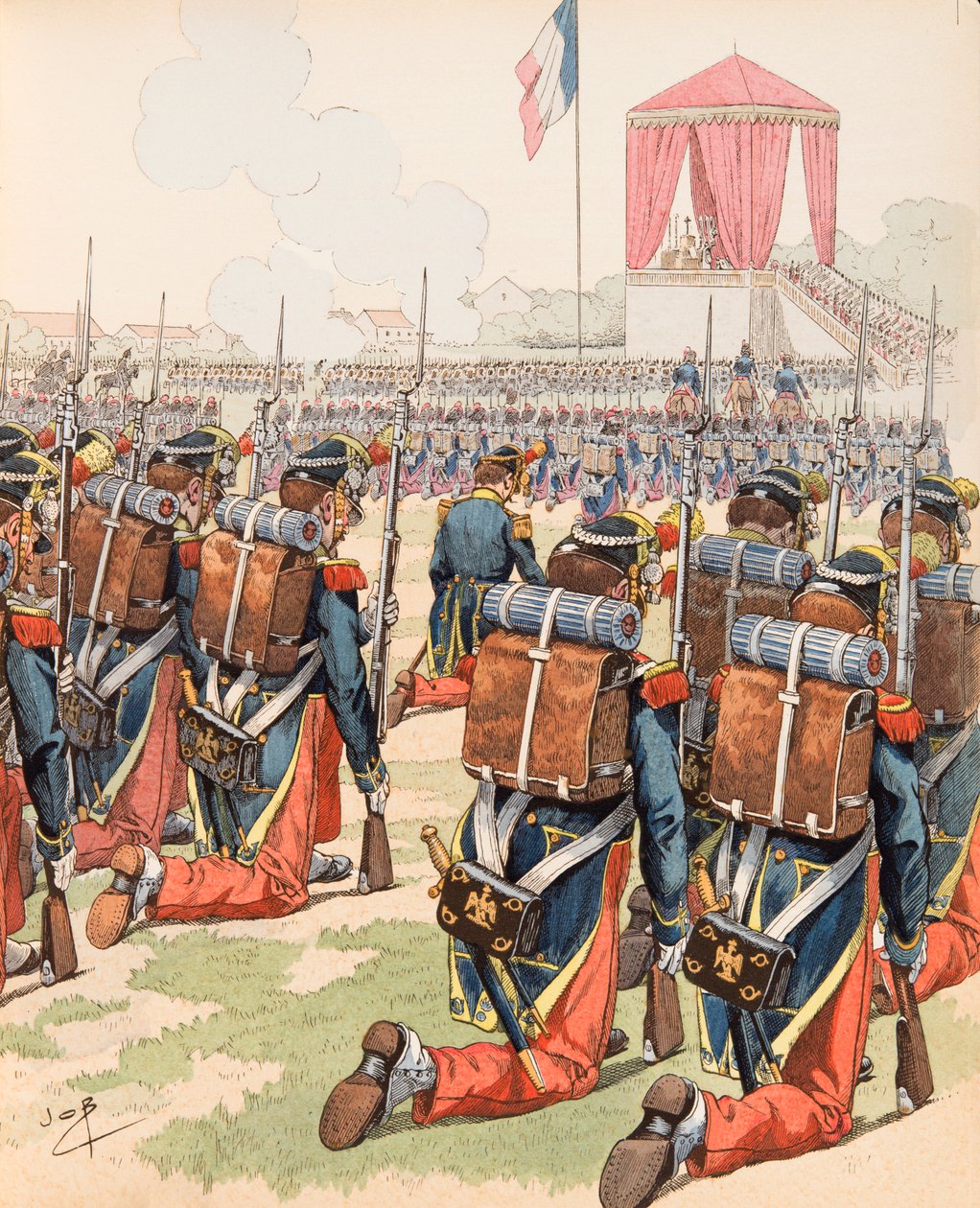 Jacques Marie Gaston Onfroy de Breville dit JOB (1858-1931) - Messu pidetty Chalonin leirillä Napoleon III:n johdolla (myös Mourmelonin leiri), yksityinen kokoelma tekijältä pseudonym for Onfray de Breville Jacques Job