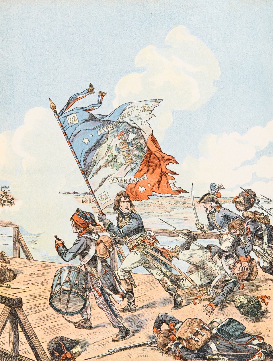 Jacques Marie Gaston Onfroy de Breville dit JOB (1858-1931) - Napoleon Bonaparte Arcolen sillalla vuonna 1796, yksityinen kokoelma tekijältä pseudonym for Onfray de Breville Jacques Job