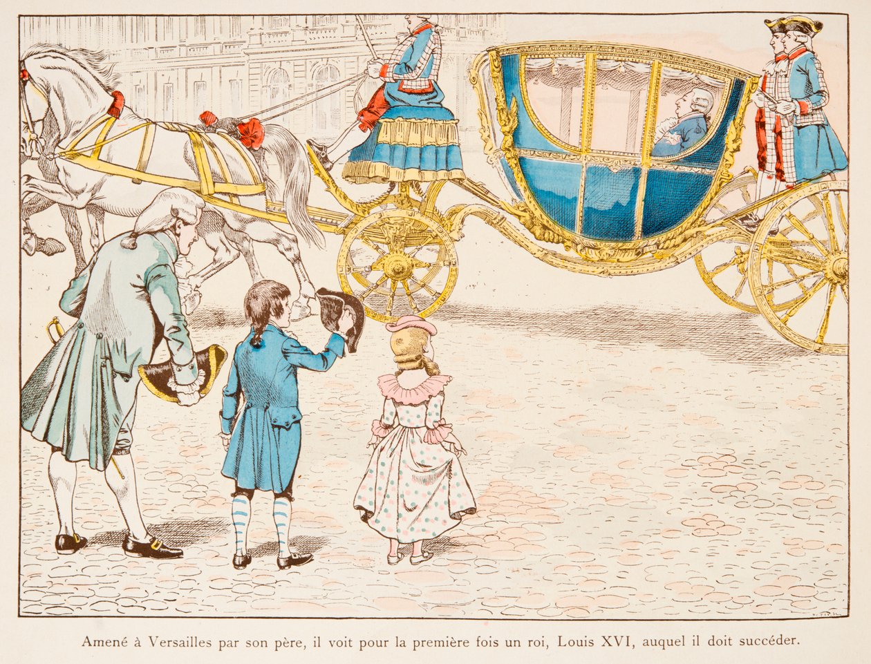 Jacques Marie Gaston Onfroy de Breville dit JOB (1858-1931) - Isänsä Versaillesiin tuoma Napoleon Bonaparte näkee kuningas Ludvig XVI Carossoksessa ensimmäisen kerran vuonna 1770, yksityinen kokoelma tekijältä pseudonym for Onfray de Breville Jacques Job