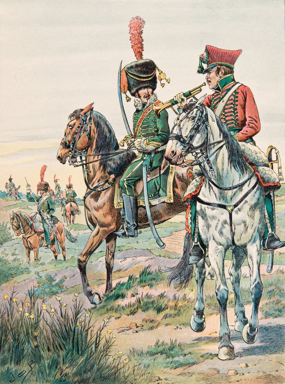 Jacques Marie Gaston Onfroy de Breville dit JOB (1858-1931) - Ranskan joukkojen varusteet kaikkina aikoina: Arenbergfin Legers Horses -trumpetti (1807), yksityinen kokoelma tekijältä pseudonym for Onfray de Breville Jacques Job