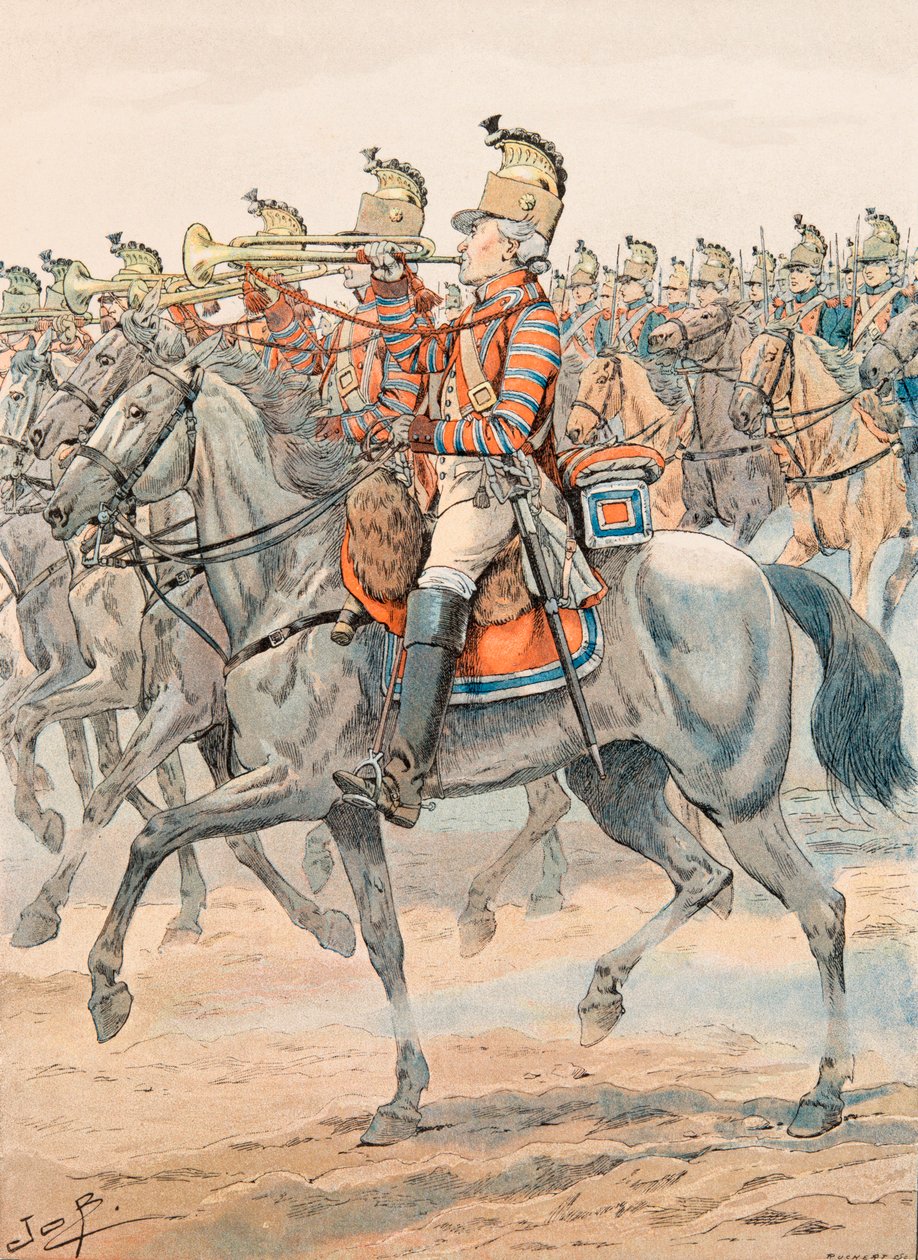 Jacques Marie Gaston Onfroy de Breville dit JOB (1858-1931) - Ranskan joukkojen varusteet kaikkina aikoina: Orleansin rykmentin trumpetti - Lohikäärmeet (1781), yksityinen kokoelma tekijältä pseudonym for Onfray de Breville Jacques Job