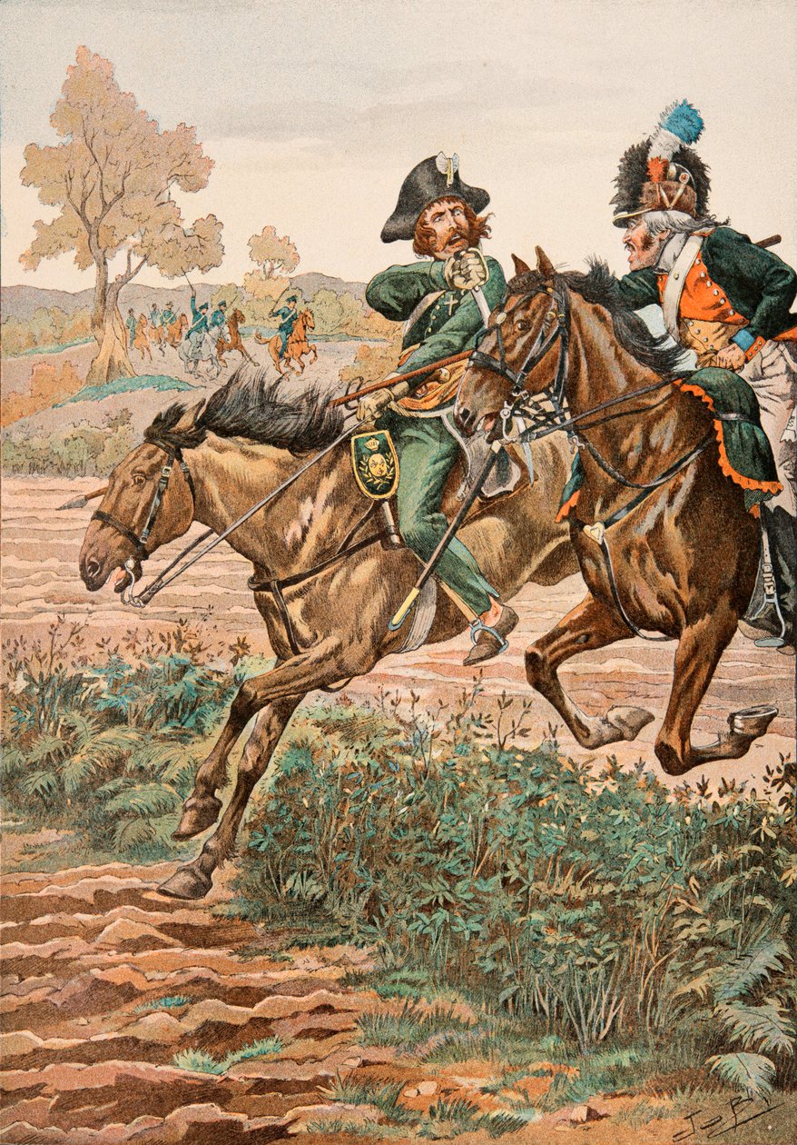 Jacques Marie Gaston Onfroy de Breville dit JOB (1858-1931) - Ranskan joukkojen asu koko ajan: Cavalier Vendeen ja piqueur (tai Piconnier) Germanique-legioonan hevosella (1793), yksityinen kokoelma tekijältä pseudonym for Onfray de Breville Jacques Job
