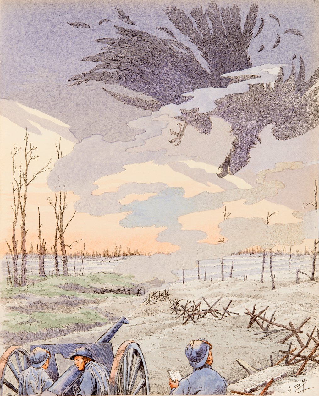 Jacques Marie Gaston Onfroy de Breville dit JOB (1858-1931) - 75 tykki (allegoria 75 tykistä, joka ampui saksalaista kotkaa ensimmäisen maailmansodan aikana), yksityinen kokoelma tekijältä pseudonym for Onfray de Breville Jacques Job