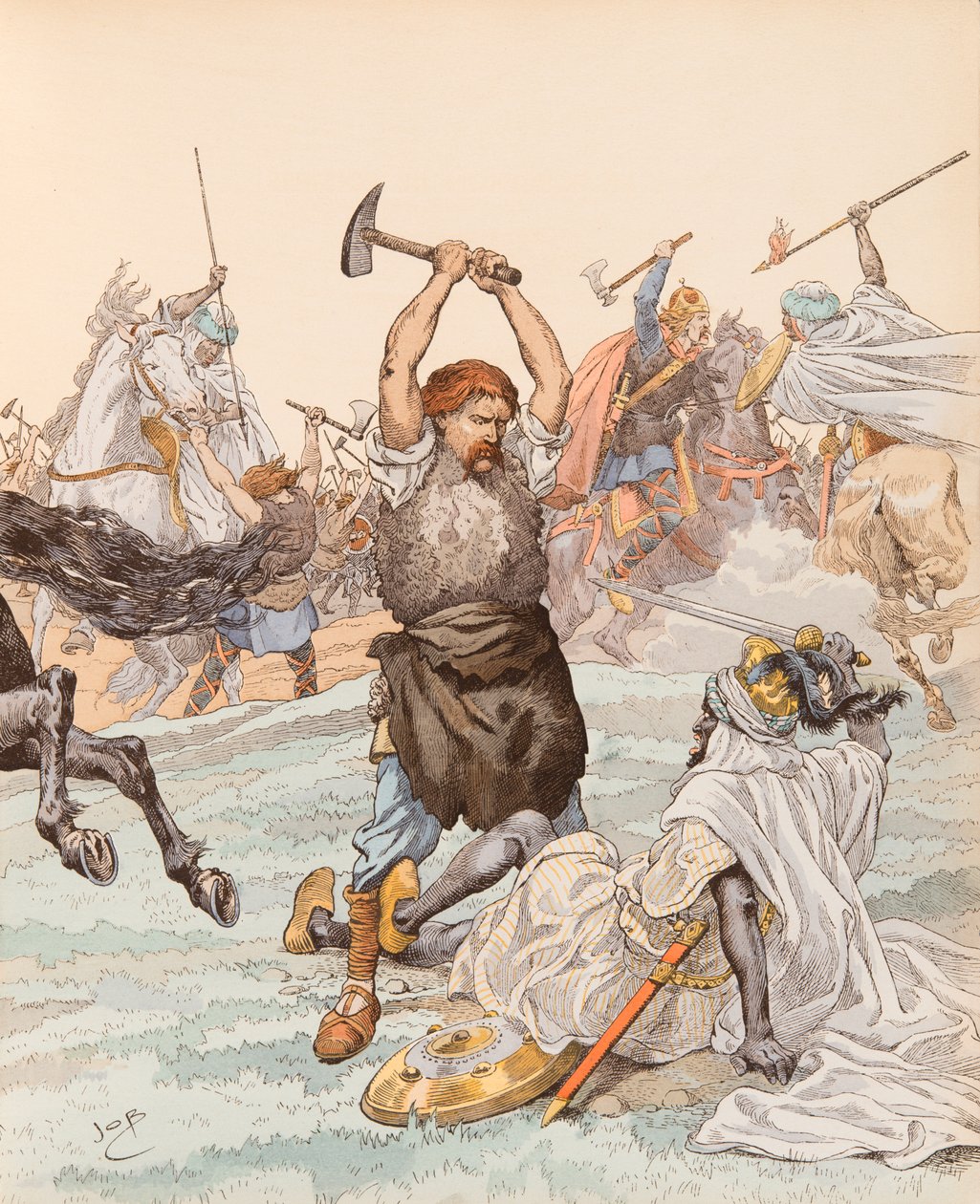 Jacques Marie Gaston Onfroy de Breville dit JOB (1858-1931) - Poitiersin seppä Poitiersin taistelun aikana vuonna 732, yksityinen kokoelma tekijältä pseudonym for Onfray de Breville Jacques Job