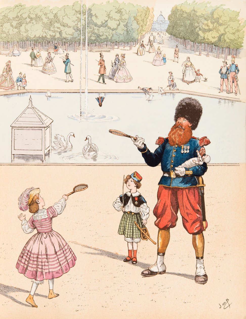 Jacques Marie Gaston Onfroy de Breville dit JOB (1858-1931) - Sapper (ranskalaisen armeijan sapeur julkisessa puutarhassa leikkimässä lastensa kanssa), yksityinen kokoelma tekijältä pseudonym for Onfray de Breville Jacques Job