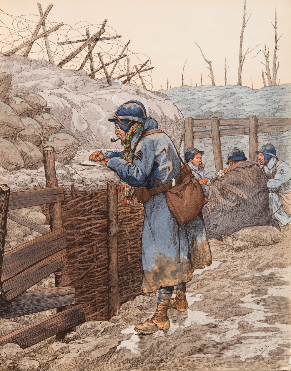Jacques Marie Gaston Onfroy de Breville dit JOB (1858-1931) - Peperen kirje (karvainen kaivossa kirjoittaa perheelleen ensimmäisen maailmansodan aikana), yksityinen kokoelma tekijältä pseudonym for Onfray de Breville Jacques Job