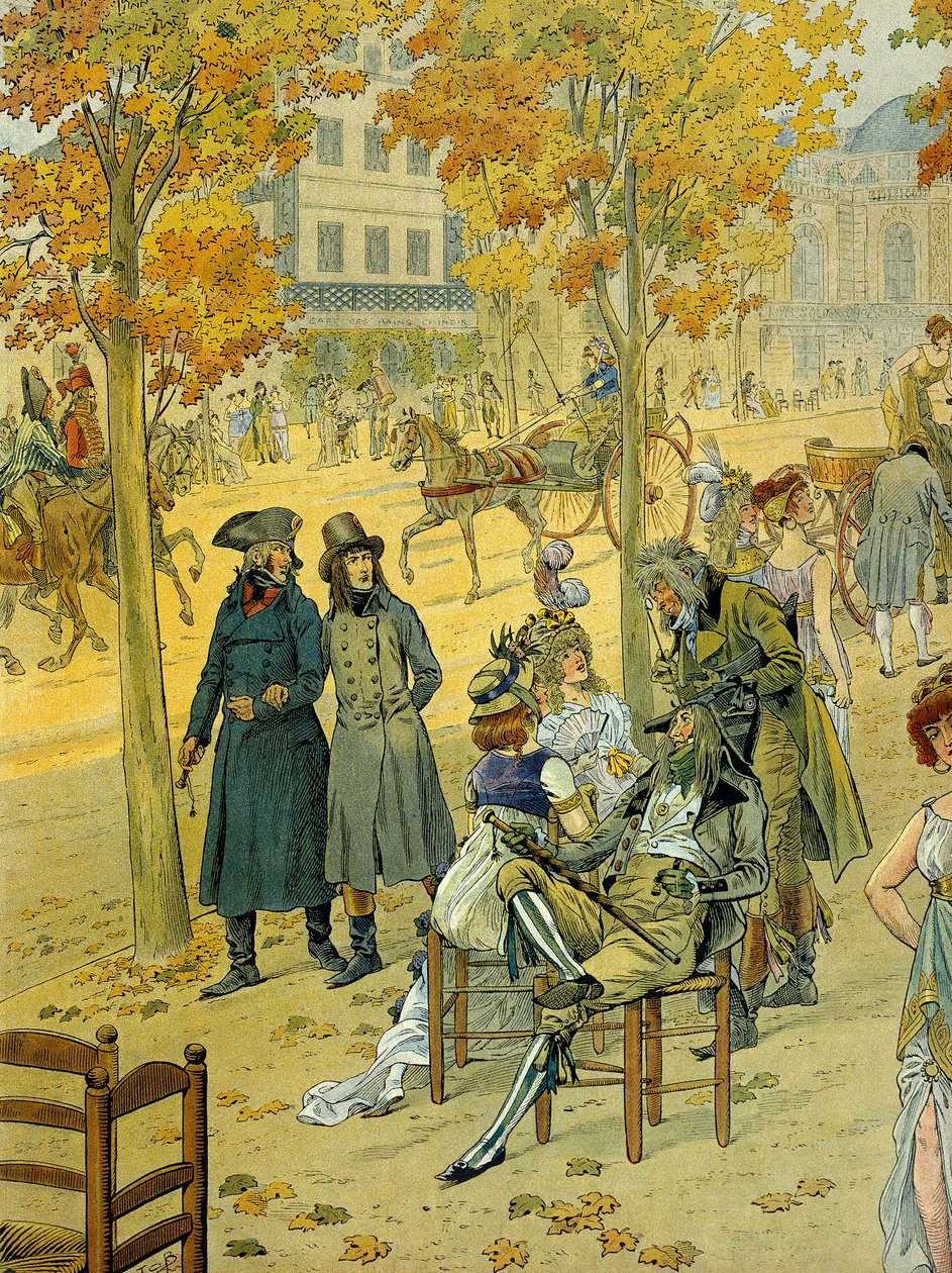 Jean Andoche Junot (Jean-Andoche) (1771-1813) ja Napoleon I Bonaparte (1769-1821) kävelevät Boulevard de Coblenzia (Boulevard de Ghent) pitkin Pariisissa Incrediblen edessä. Kuvitus: Jacques Marie Gaston Onfray de Breville dit JOB (1858-1931) tekijältä pseudonym for Onfray de Breville Jacques Job