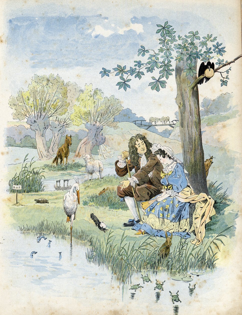 Jean de La Fontaine (Lafontaine) (1621-1695) puhuu nuoren tytön kanssa. Heidän ympärillään runoilijan taruissa esiintyvät eläimet: susi, lammas, haikara, kilpikonna, rotta, sammakko, jänis, kettu, korppi... "" Ranskassa, hänen tarinansa kertoi G. Montorgue tekijältä pseudonym for Onfray de Breville Jacques Job