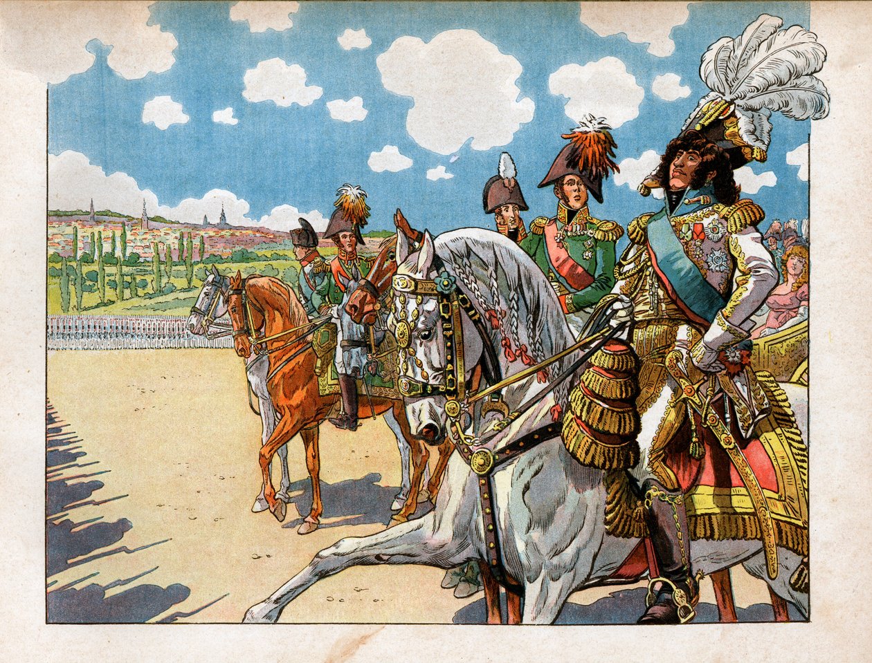 Joachim Murat (1767-1815) seurasi Napoleon I Bonapartea (1869-1921) ja Aleksanteri I, Venäjän keisari (1777-1825) joukkojen arvioinnissa Tilsitin sopimuksen aikana 7. heinäkuuta 1807. Kaiverrus Jacques Marie Gaston Onfray de Breville dit Job (185 tekijältä pseudonym for Onfray de Breville Jacques Job