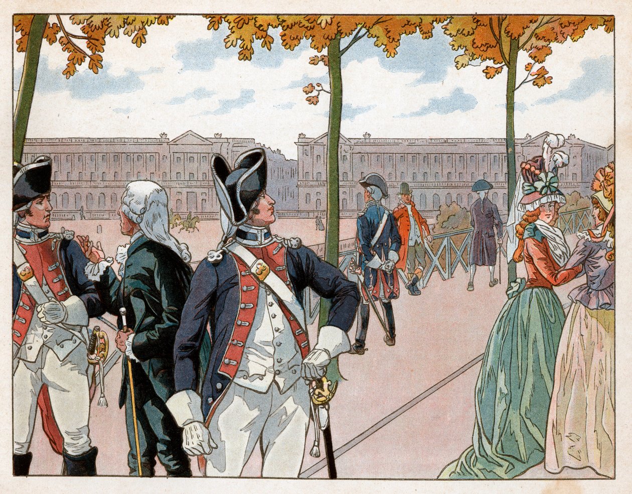 Joachim Murat (1767-1815) ja Bessieres Pariisissa vuonna 1791 yllään kuninkaan perustuslaillisen vartijan puku. Kaiverrus Jacques Marie Gaston Onfray de Breville dit Job (1858-1931) tekijältä pseudonym for Onfray de Breville Jacques Job