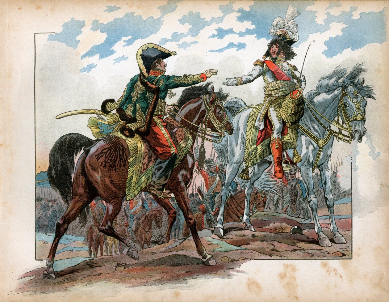 Joachim Murat (1767-1815) ja kenraali Antoine Charles Louis de La Salle (Lasalle) (1775-1809) Heilsbergin taistelussa vuonna 1807. Jacques Marie Gastonin kaiverrus Onfray de Breville dit Job (1858-1931) tekijältä pseudonym for Onfray de Breville Jacques Job
