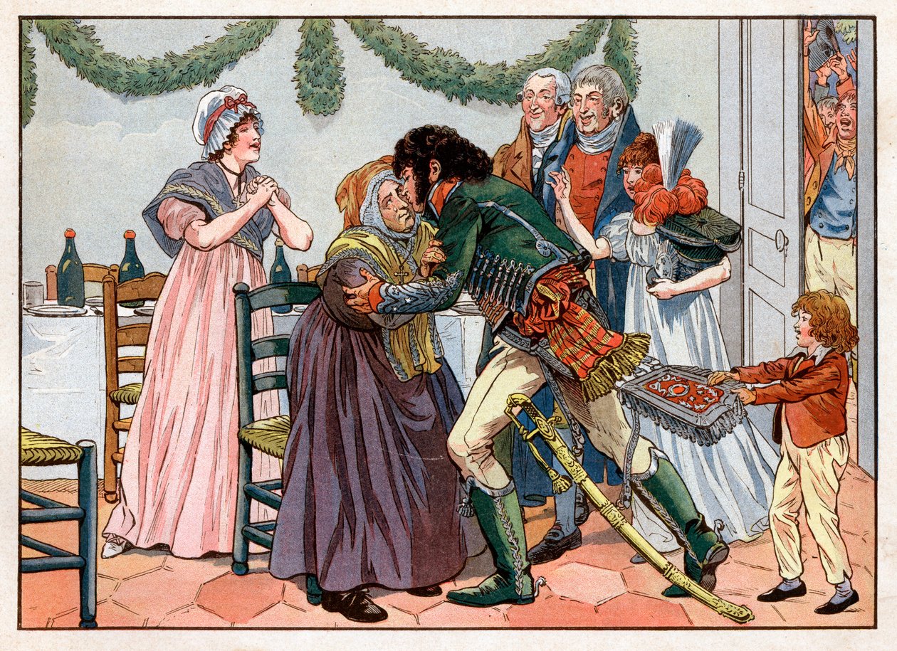 Joachim Murat (1767-1815) kotona suutelee äitiään perhemajatalossa. Kaiverrus Jacques Marie Gaston Onfray de Breville dit Job (1858-1931) tekijältä pseudonym for Onfray de Breville Jacques Job