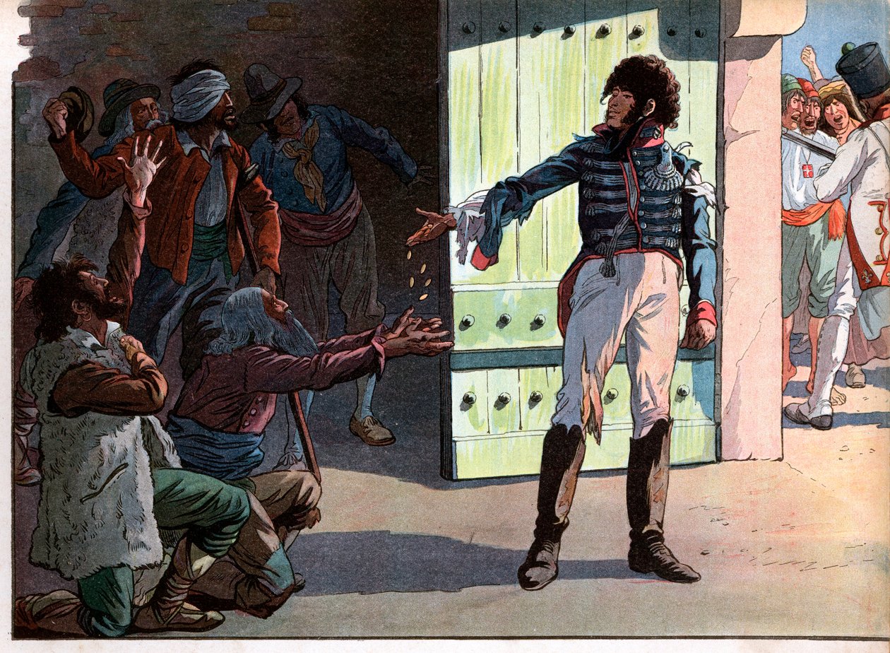 Joachim Murat (1767-1815), Napolin dechu-kuningas, Pizzon sataman linnoituksen vanki, jakoi rahansa mukanaan vangituille rosvoille vuonna 1815. Kaiverrus Jacques Marie Gaston Onfray de Breville dit Job (1858-1931) tekijältä pseudonym for Onfray de Breville Jacques Job