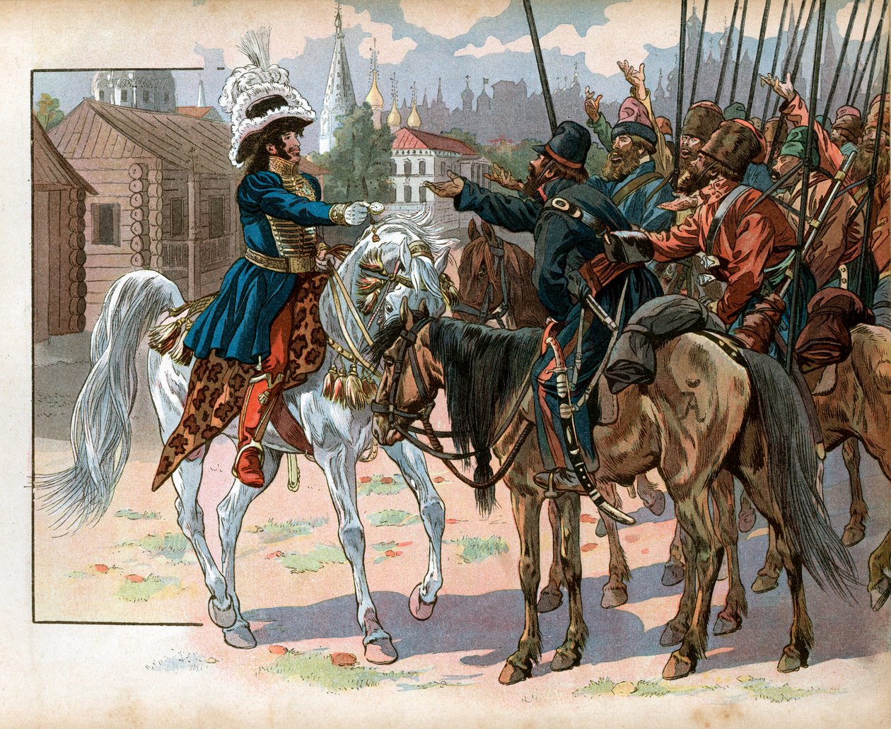 Joachim Murat (1767-1815) Moskovassa tarjoaa kelloa venäläisille. Kaiverrus Jacques Marie Gaston Onfray de Breville dit Job (1858-1931) tekijältä pseudonym for Onfray de Breville Jacques Job