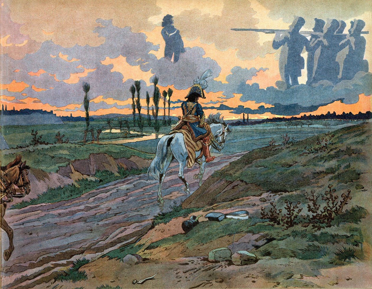 Joachim Murat (1767-1815) palasi Napoliin Leipzigin tappion jälkeen vuonna 1813. Kaiverrus Jacques Marie Gaston Onfray de Breville dit Job (1858-1931) tekijältä pseudonym for Onfray de Breville Jacques Job