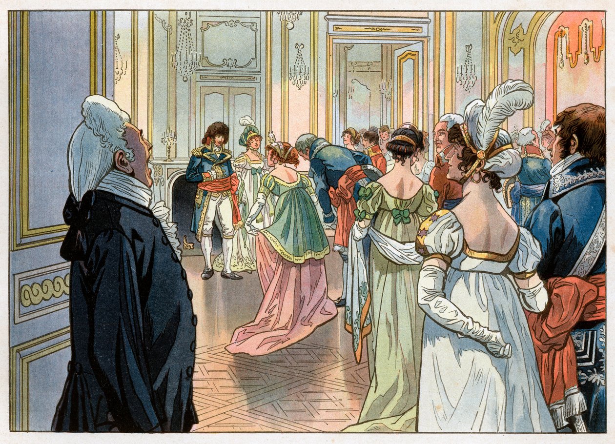Pariisin silloinen kuvernööri Joachim Murat (1767-1815) ja hänen vaimonsa Caroline Bonaparte (1782-1839) ottivat vastaan vieraat juhlissa hotellipaikassaan Vendomessa Pariisissa. Palvelija ilmoittaa kutsut ja sitten he kunnioittavat vieraidensa edessä. Kai tekijältä pseudonym for Onfray de Breville Jacques Job