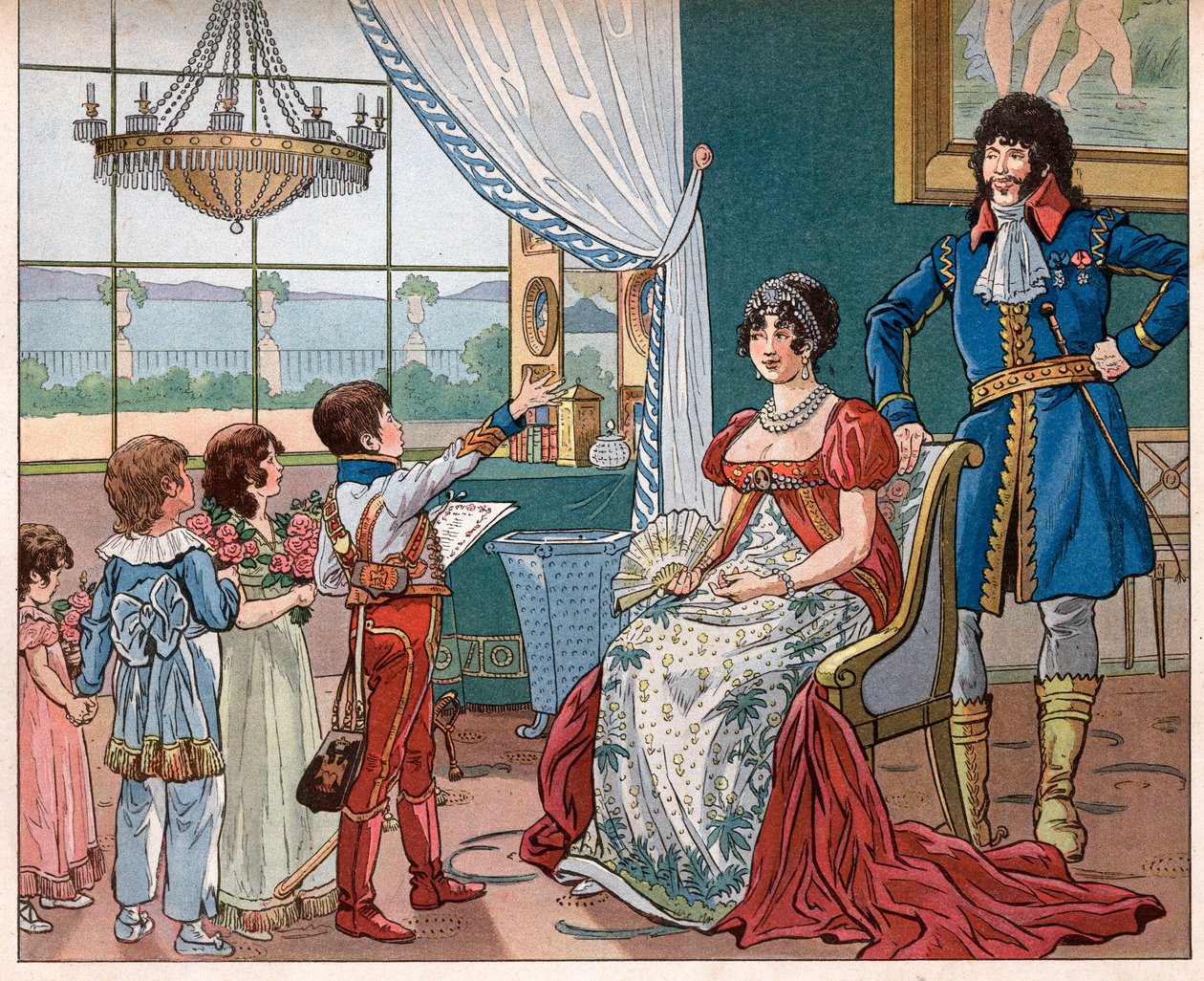 Joachim Murat (1767-1815) vaimonsa Caroline Bonaparten (1782-1839) ja heidän lastensa (Achilles) kanssa tekijältä pseudonym for Onfray de Breville Jacques Job