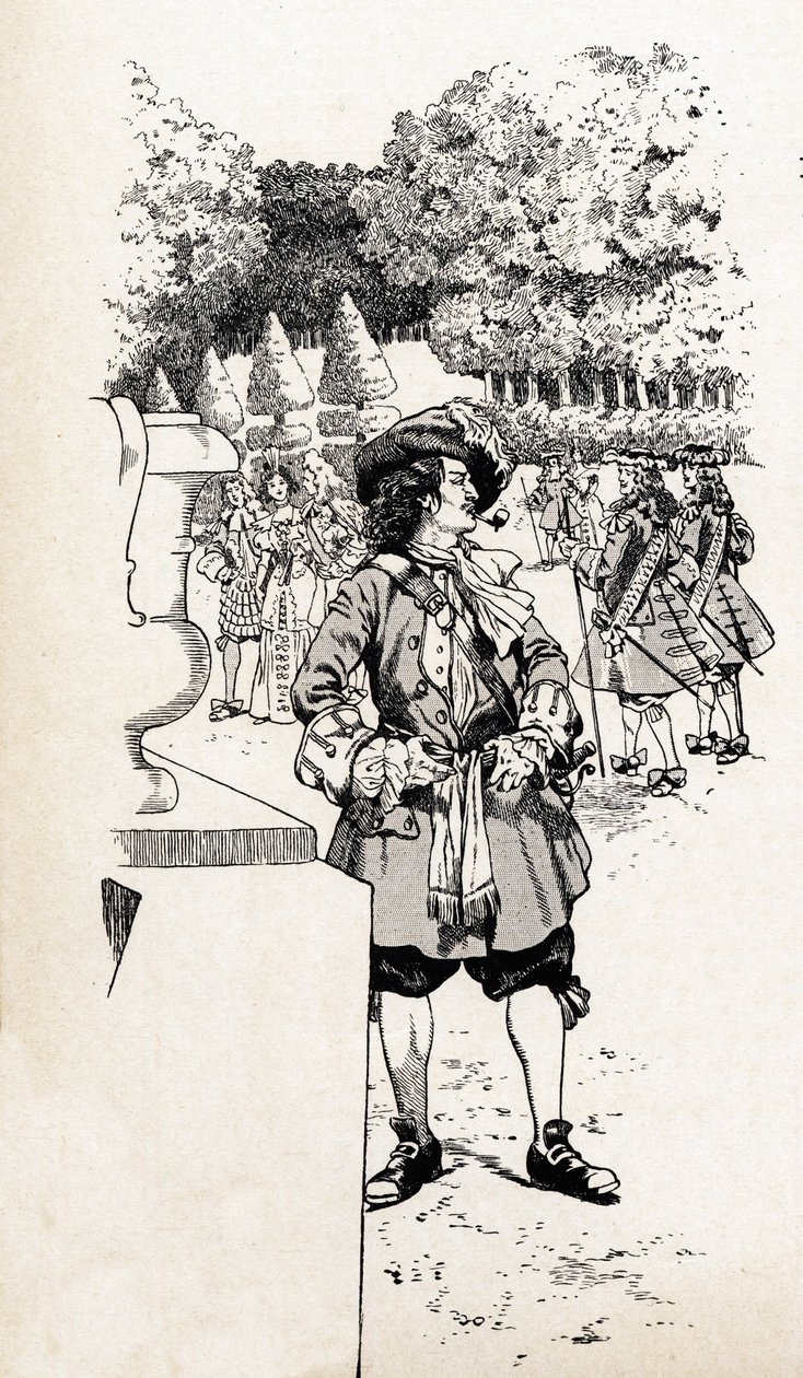 Ranskan kuningas Ludvig XIV kutsui kuningas Soleiliksi (1638-1715) hovimiesten kanssa Versaillesin puutarhoissa. Kuvitus Jobista (Jacques Marie Gaston Onfray ja Breville) (Jacques-Marie) (1858-1931) kirjalle "Ranskan maan suuret historialliset sanat" tekijältä pseudonym for Onfray de Breville Jacques Job