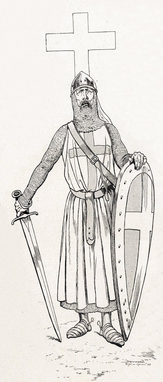 Ludvig IX:n ritari, joka tunnetaan nimellä Saint Louis (1214-1270) ristiretken asussa. Kuvitus Jobista (Jacques Marie Gaston Onfray ja Breville) (Jacques-Marie) (1858-1931) kirjalle "Les grands mots historique du pays de France" 1915. Privee Collection. tekijältä pseudonym for Onfray de Breville Jacques Job