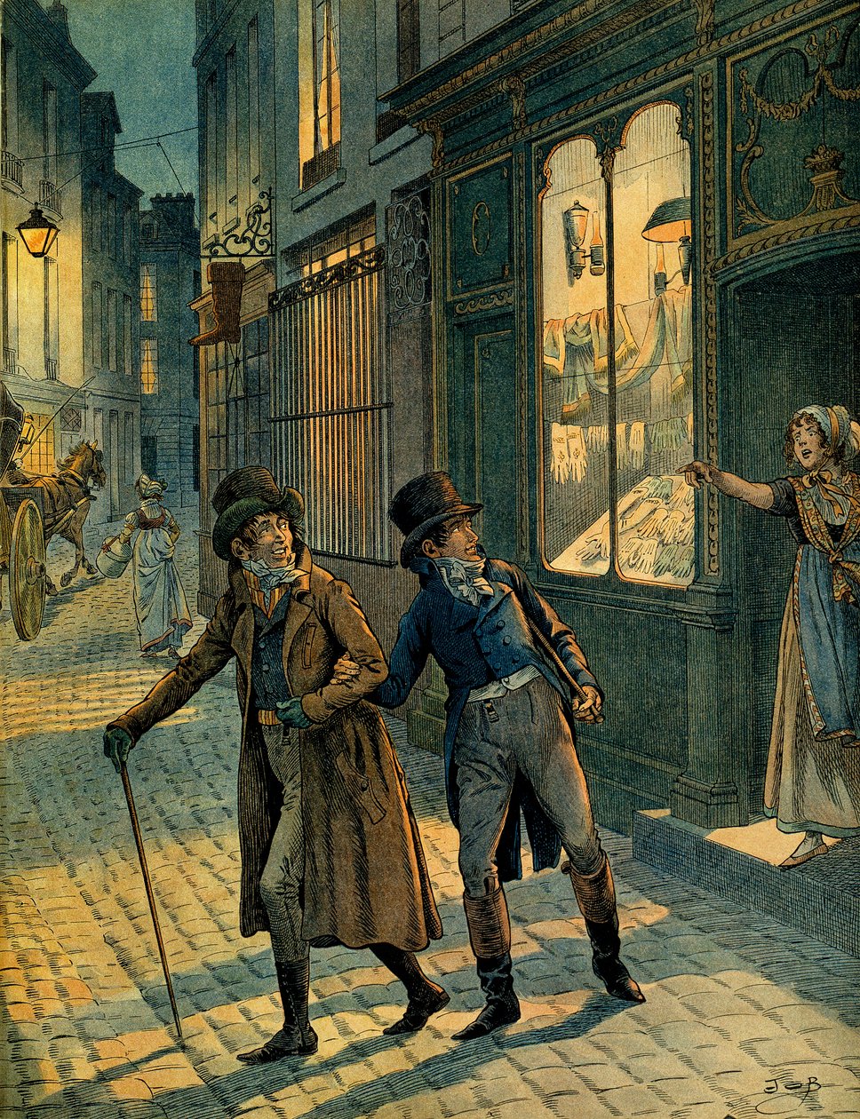 Louis Antoine Fauvelet de Bourrienne (1769-1834) ja Napoleon I Bonaparte (1769-1821) Pariisin kaduilla incognito-tilassa. Kuvitus: Jacques Marie Gaston Onfray de Breville dit JOB (1858-1931). Yksityinen kokoelma tekijältä pseudonym for Onfray de Breville Jacques Job