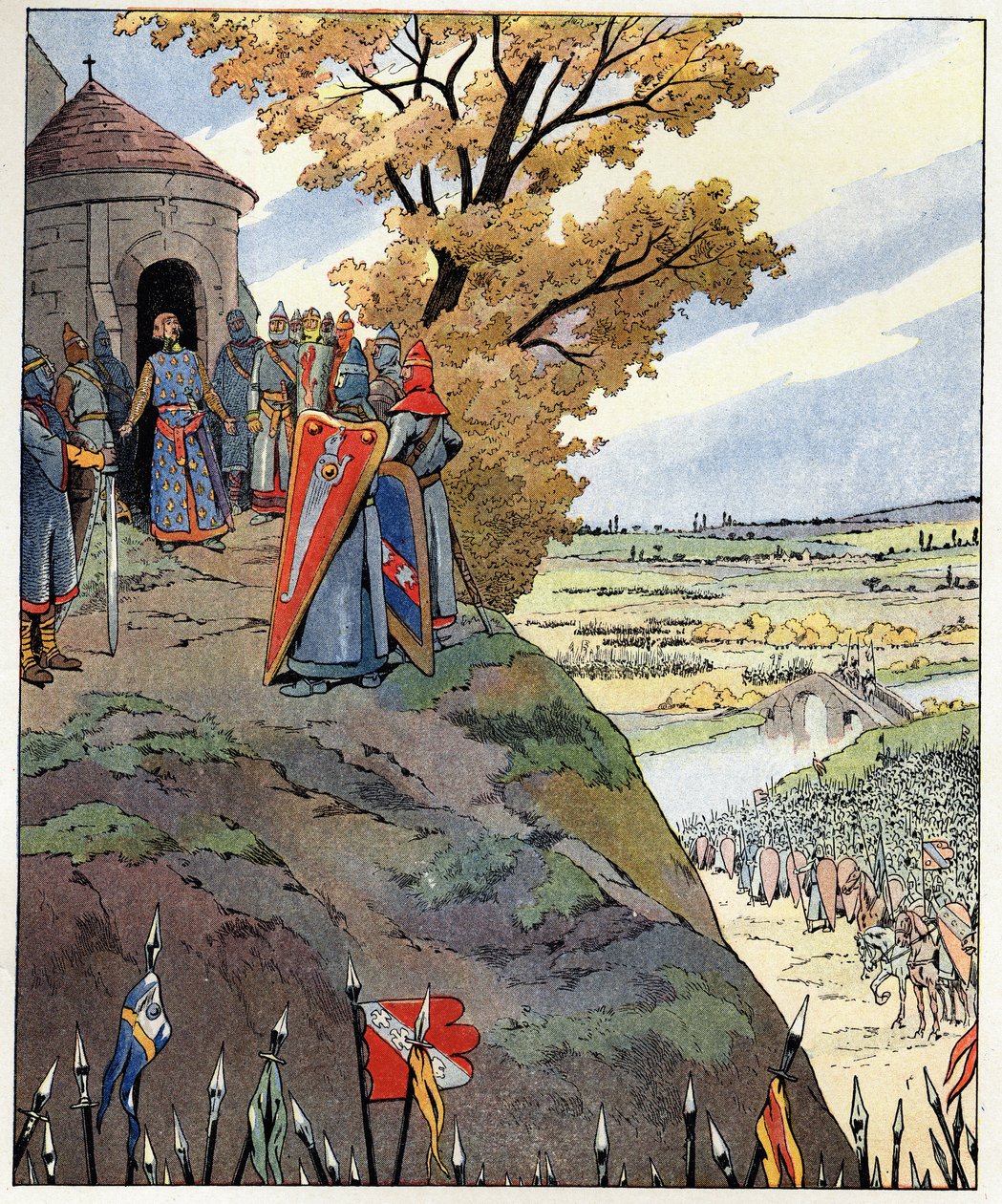 Kruununi kuningas Philip II:n rohkeille sanoille sanoi Philip Augustus (1165-1223) herroille ennen Bouvinesin taistelun voittoa 27. heinäkuuta tekijältä pseudonym for Onfray de Breville Jacques Job