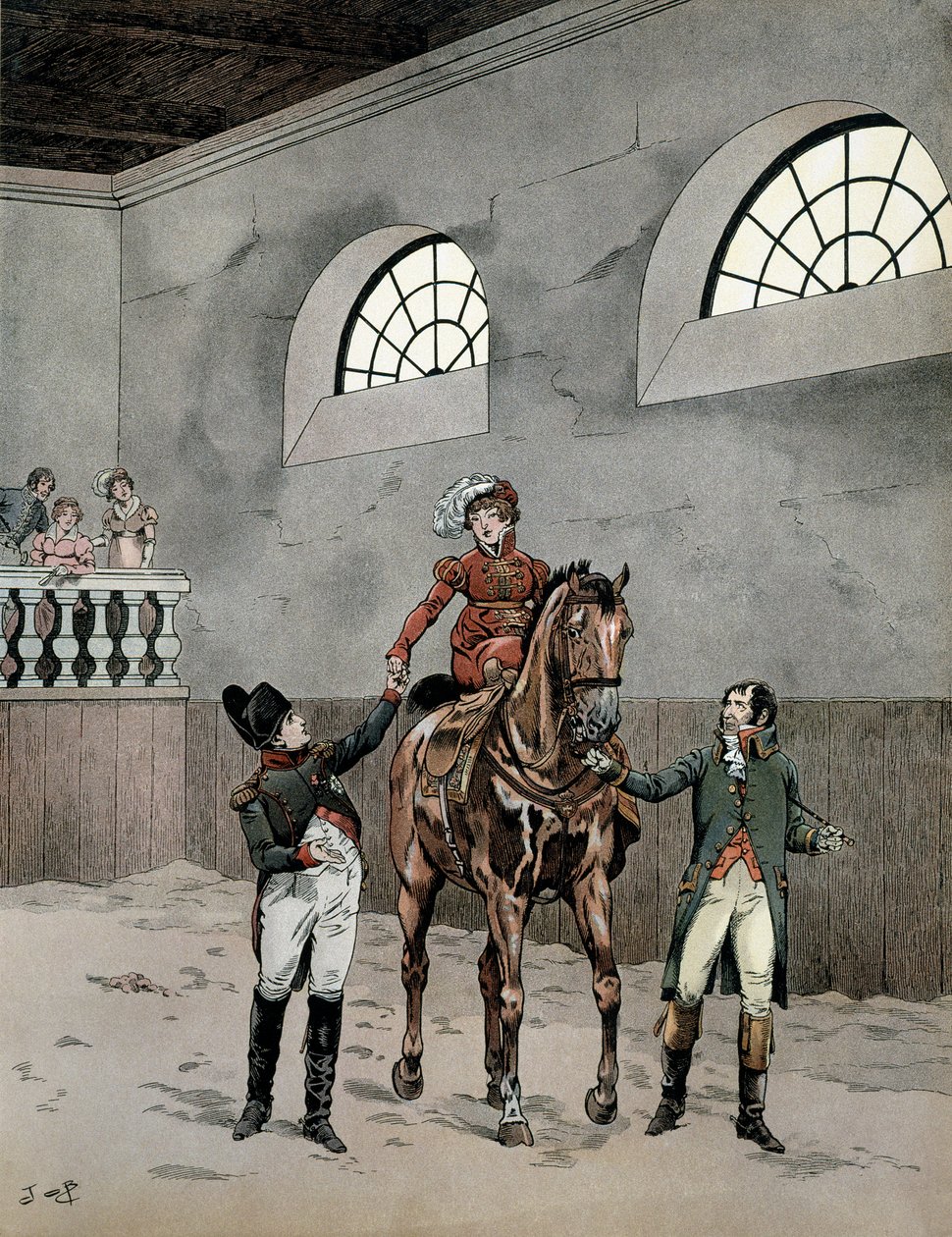 Napoleon I Bonaparte (1729-1821) osallistui itävaltalaisen Marie Louisen (1791-1847) ratsastustunneille. Georges Montorgueilin teoksessa "Napoleon". Kuvitus: Jacques Marie Gaston Onfray de Breville dit JOB (1858-1931) tekijältä pseudonym for Onfray de Breville Jacques Job