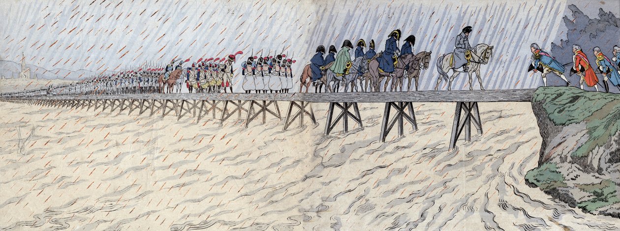 Napoleon I Bonaparte (1769-1821) ja hänen armeijansa ohittivat Reinin 1. lokakuuta 1805 - Napoleon ylittää Reinin (Reinin) lähellä Kehlia tekijältä pseudonym for Onfray de Breville Jacques Job