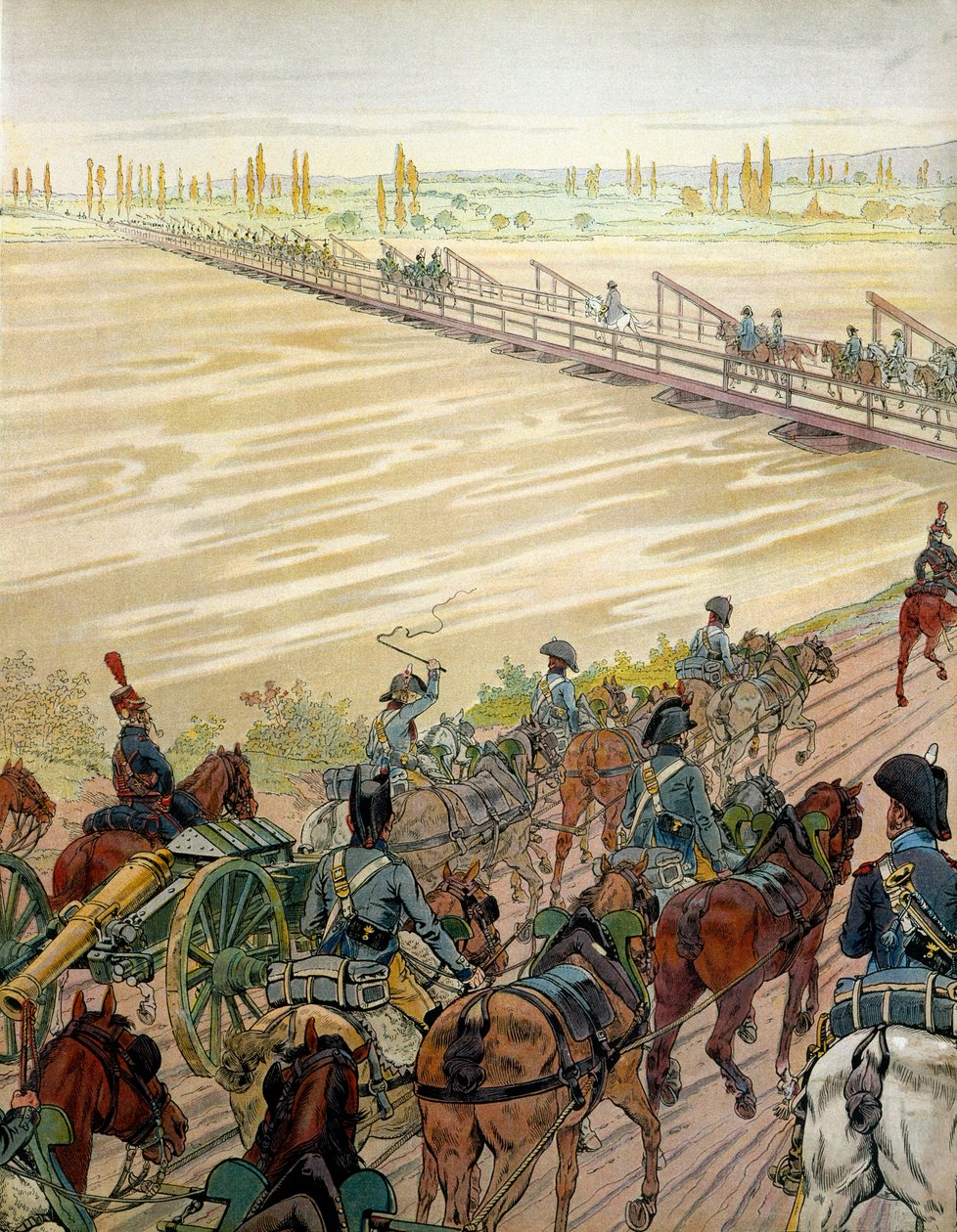 Napoleon I Bonaparte (1769-1821) ja hänen armeijansa ohittivat Reinin 1. lokakuuta 1805. Georges Montorgueilin teoksessa Napoleon. Kuvitus: Jacques Marie Gaston Onfray de Breville dit JOB (1858-1931) tekijältä pseudonym for Onfray de Breville Jacques Job