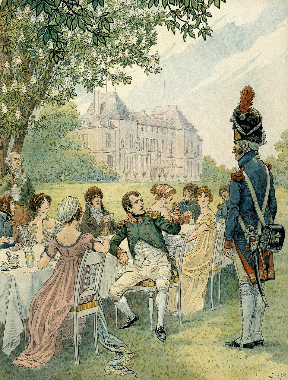 Napoleon I Bonaparte (1769-1821) lounaalla Malmaisonin linnan puutarhassa. Kuvitus: Jacques Marie Gaston Onfray de Breville dit JOB (1858-1931). Yksityinen kokoelma tekijältä pseudonym for Onfray de Breville Jacques Job