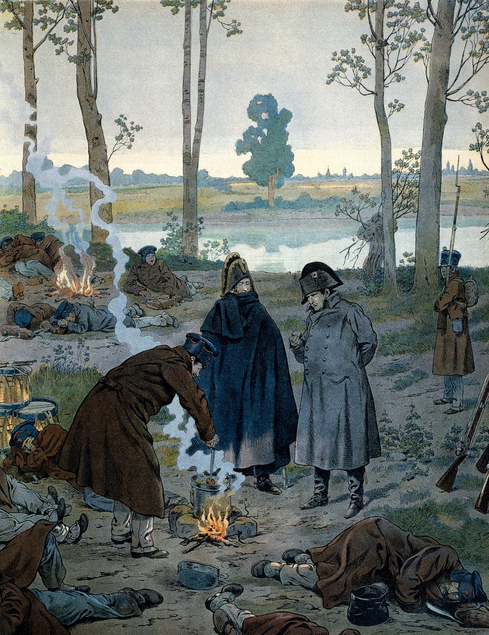 Napoleon I Bonaparte (1769-1821) bivouaceissa Waterloon taistelun aattona vuonna 1815. Georges Montorgueilin teoksessa Napoleon. Kuvitus: Jacques Marie Gaston Onfray de Breville dit JOB (1858-1931) tekijältä pseudonym for Onfray de Breville Jacques Job