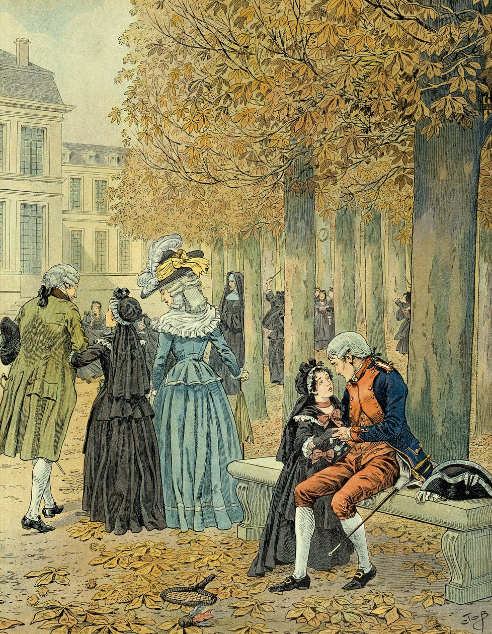 Napoleon I Bonaparte (1769-1821) vieraili sisarensa Elisa Bonaparten (1777-1820) luona Saint Cyrin (Saint-Cyr) kuninkaallisessa talossa. Kuvitus: Jacques Marie Gaston Onfray de Breville dit JOB (1858-1931) tekijältä pseudonym for Onfray de Breville Jacques Job