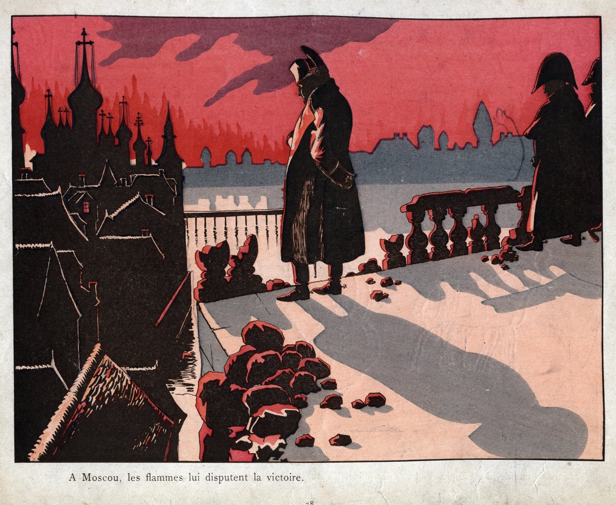 Napoleon pohtii Moskovan tulta - Hän katselee Moskovan palamista (15.-16. syyskuuta 1812) - - Jobin (Jacques Onfroy de Breville) litografia elokuvasta "" Le Grand Napoleon des Petites Enfants"" 1893 tekijältä pseudonym for Onfray de Breville Jacques Job