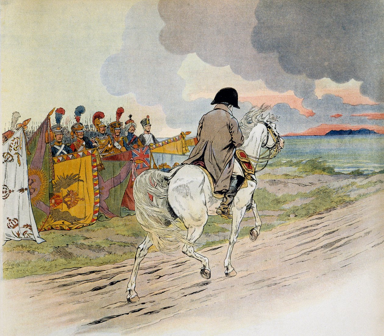 Napoleon ohitti joukkojensa edessä hevosen selässä, kun hän lähti maanpakoon Elban saarelle. Kuvitus: Jacques Marie Gaston Onfray de Breville dit JOB (1858-1931). Yksityinen kokoelma tekijältä pseudonym for Onfray de Breville Jacques Job