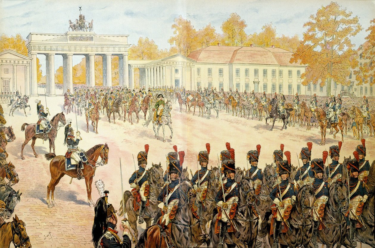 27. lokakuuta 1806 Napoleon I Bonaparte (1769-1821) ja hänen armeijansa saapuivat Berliiniin. Georges Montorgueilin teoksessa "Napoleon". Kuvitus: Jacques Marie Gaston Onfray de Breville dit JOB (1858-1931) tekijältä pseudonym for Onfray de Breville Jacques Job